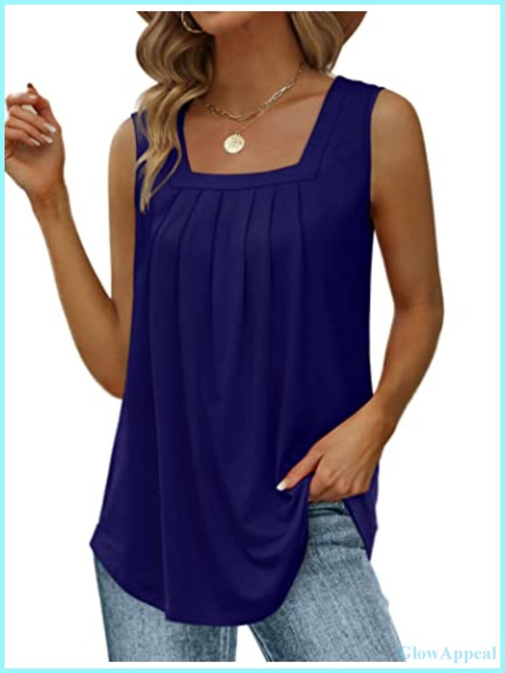 Saloogoe Womens Loose Fit Pleated Square Neck Tank Top Sleeveless Curved Hem